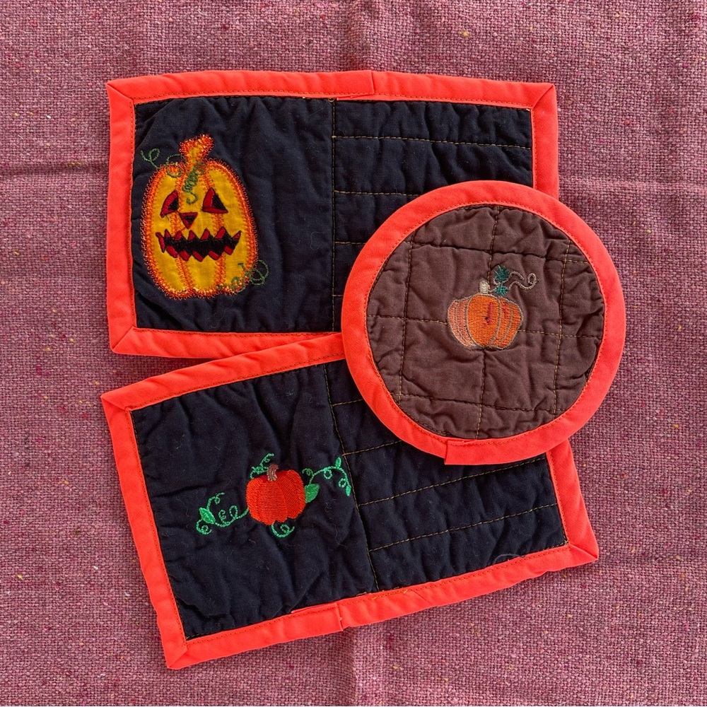 🌱5/$25🌱Handmade | Halloween Fall Pumpkin Embroidered Pot Holders Hot Pads | 3pc